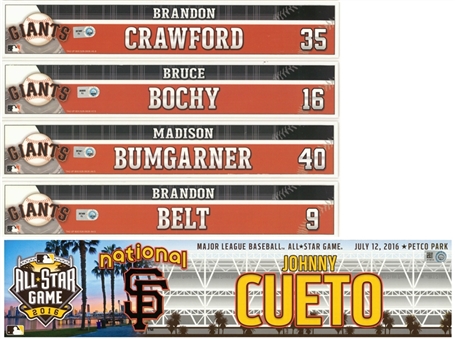 Lot of (5) San Francisco Giants Game Used Locker Name Plates Including Belt, Crawford, Bochy, Bumgarner & Cueto (MLB Authenticated)